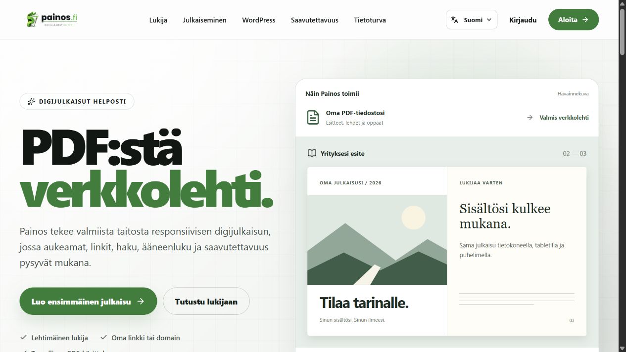 Painos.fi:n etusivu: PDF:stä verkkolehti ja digijulkaisun havainnekuva